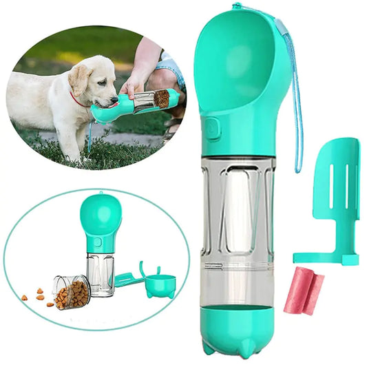 "Pet Hydration & Feeding Bottle with Integrated Poop Scooper and Bag"